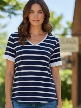 Onque Casuals Navy and White Striped V-Neck Short Sleeve Tee